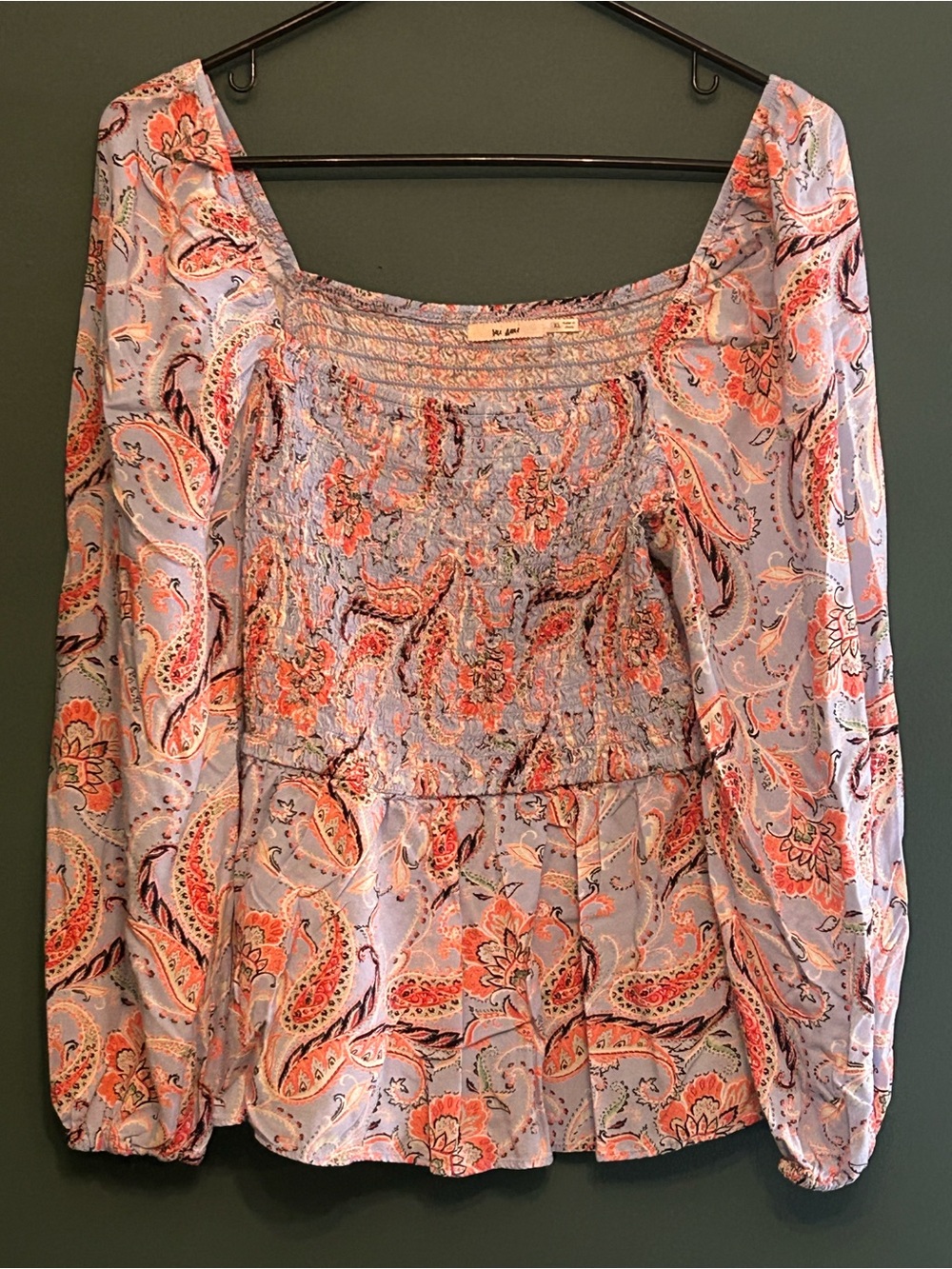 Mi Ami Boho Paisley Smocked Peplum Top Blue Coral Puff Sleeve XL - Picture 8 of 9
